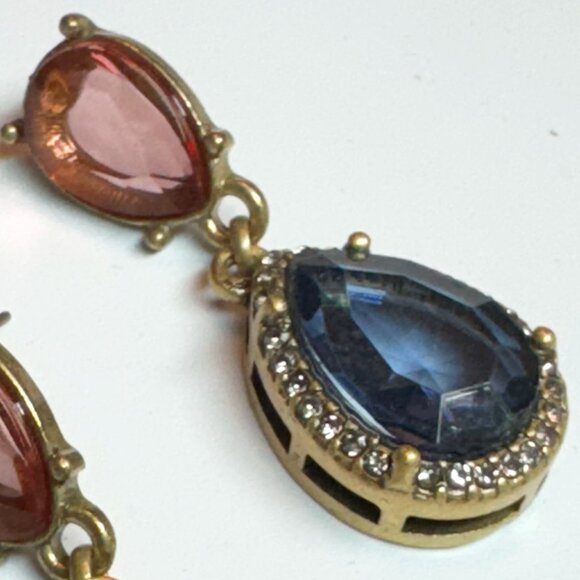 Vintage Gold Tone Dangling Pierced Earrings Teardrop Glass Pink & Blue - Picture 6 of 7